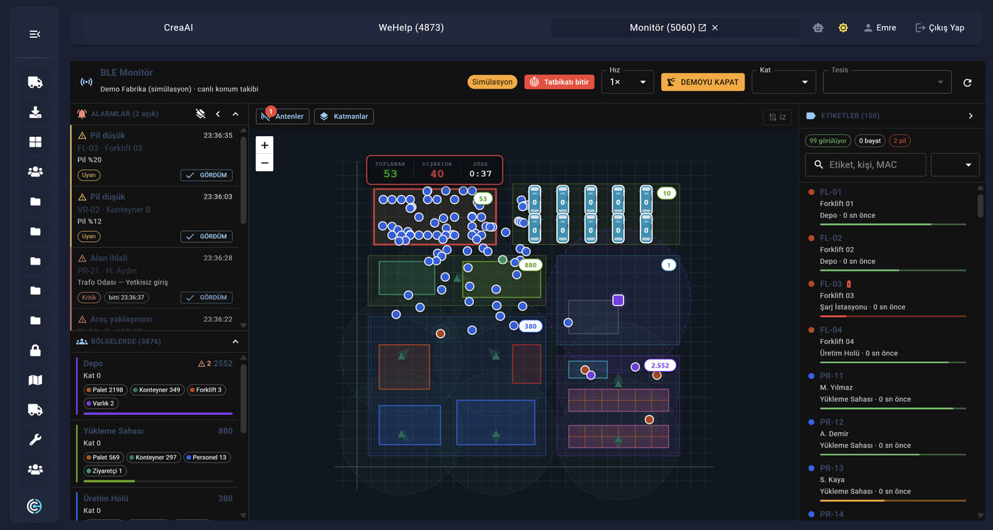 BLE Monitor drill mode: live tag positions on the site plan, counters for staff assembled and still outside, low-battery and unauthorized-area alarms, and a tag search panel.