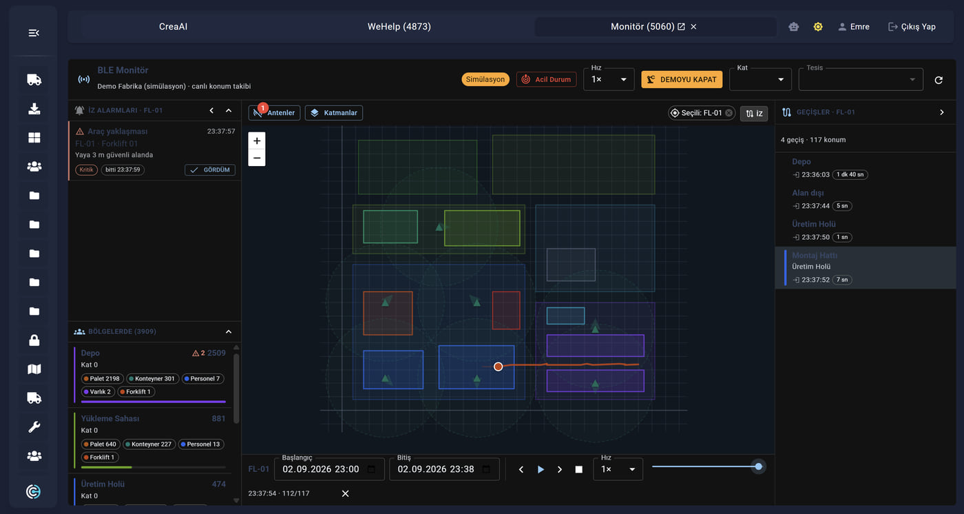 The BLE Monitor trace analysis screen: the movement trace of the selected forklift tag drawn on the plan, a transition log listing zone crossings with their durations, and a playback bar with a time-range selector.