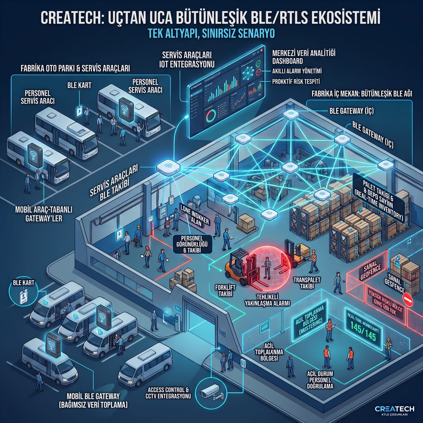Createch uçtan uca bütünleşik BLE/RTLS ekosistemi şeması: fabrika içi BLE gateway ağı, personel ve forklift takibi, tehlikeli yakınlaşma alarmı, palet takibi ve depo sayımı, sanal geofence, acil toplanma bölgesi, servis araçlarındaki mobil BLE gateway'ler ve merkezi veri analitiği panosu.