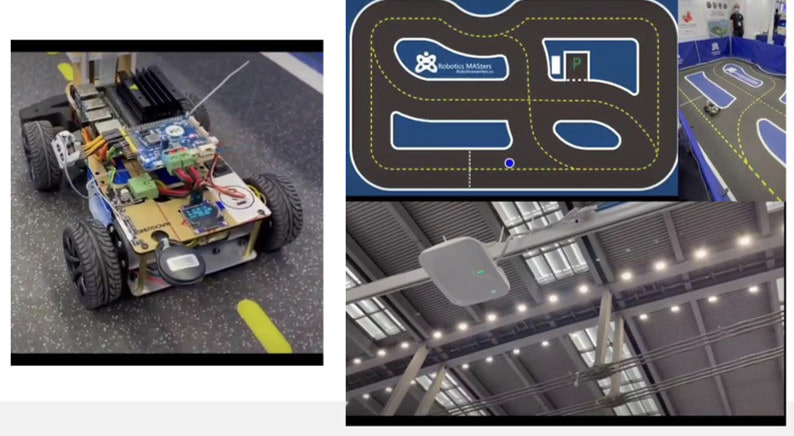 A BLE RTLS validation rig: an autonomous vehicle prototype running a reference course, the vehicle's live position marked on the digital course plan, and a BLE gateway mounted on an industrial steel roof.
