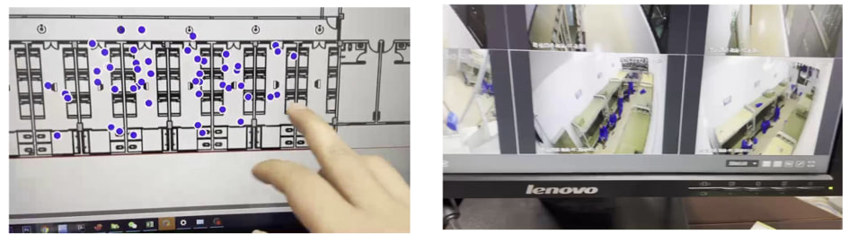 A healthcare application: BLE location points marked on a patient-room floor plan, and the operator screen where those same markers are overlaid on live camera images.