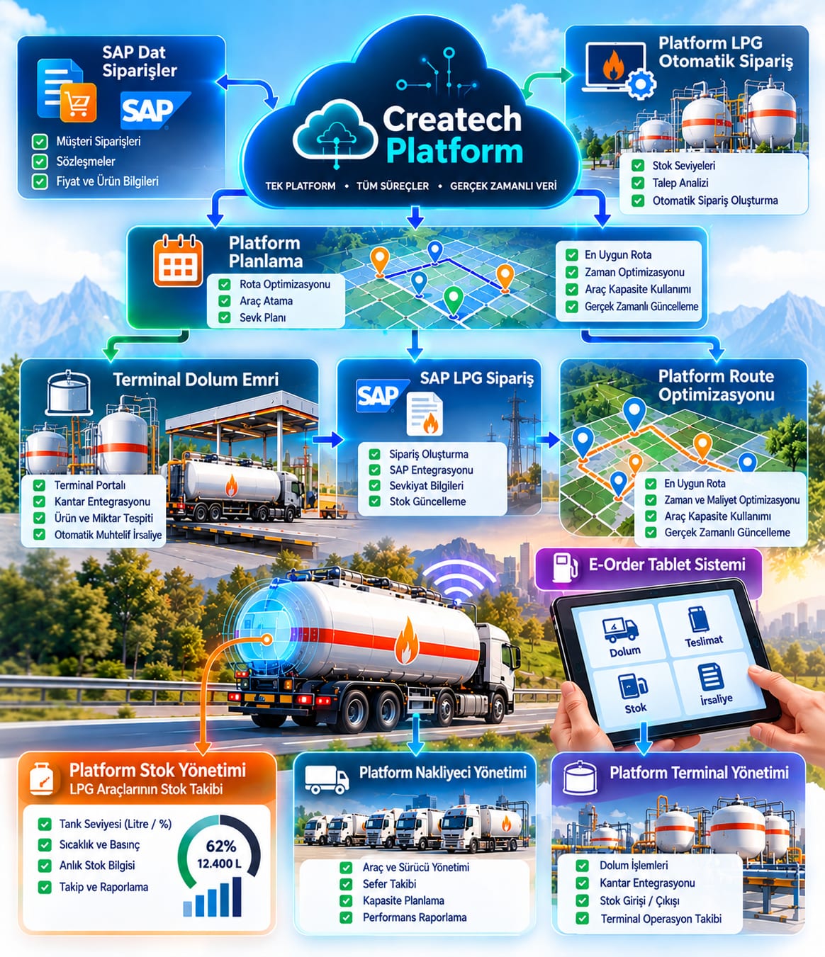 Createch Platform LPG operasyon akışı şeması: SAP'ten gelen müşteri siparişleri, sözleşmeler ve fiyat bilgileri ile stok seviyesi ve talep analizine dayalı otomatik LPG siparişi platformda birleşir. Platform planlama rota optimizasyonu, araç atama ve sevk planı üretir; ardından terminal dolum emri (terminal portalı, kantar entegrasyonu, ürün ve miktar tespiti, otomatik irsaliye), SAP LPG siparişi (sipariş oluşturma, sevkiyat bilgileri, stok güncelleme) ve rota optimizasyonu adımları gelir. Sahada E-Order tablet sistemi dolum, teslimat, stok ve irsaliye işlemlerini yürütür. En altta platformun stok yönetimi (tank seviyesi, sıcaklık ve basınç, anlık stok), nakliyeci yönetimi (araç ve sürücü, sefer takibi, kapasite planlama, performans raporlama) ve terminal yönetimi (dolum işlemleri, kantar entegrasyonu, stok giriş/çıkış) modülleri yer alır.